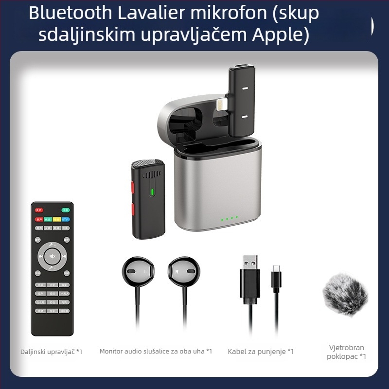 Lavalier mikrofoni s kutijom za punjenje za livestream – Bluetooth 5.0, ugrađena baterija, frekvencijski raspon 20 Hz–20 kHz, SNR ≥60 dB, trajanje baterije 6–8 sati.