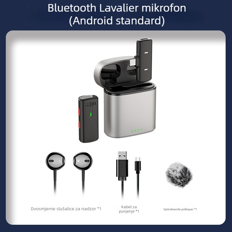 Lavalier mikrofoni s kutijom za punjenje za livestream – Bluetooth 5.0, ugrađena baterija, frekvencijski raspon 20 Hz–20 kHz, SNR ≥60 dB, trajanje baterije 6–8 sati.