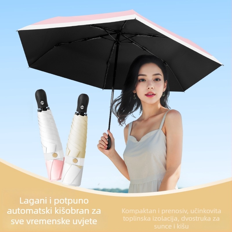 Ultra lagani sklopivi kišobran s automatskim otvorenjem, poluautomatskim zatvaranjem, okvir od legure sa 6 rebara, čelična osovina, 30D ultratanka lepljena tkanina