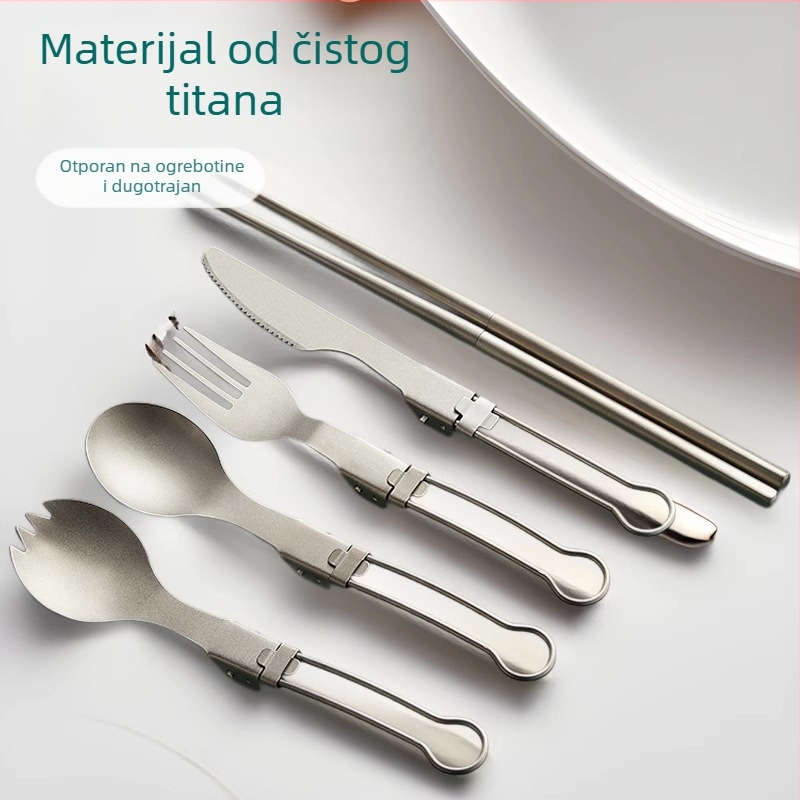 Titanijski kamperski pribor: sklopivi nož, vilica, žlica, vilica za salatu i štapići za jelo, ogledno polirano, lagano i prijenosno