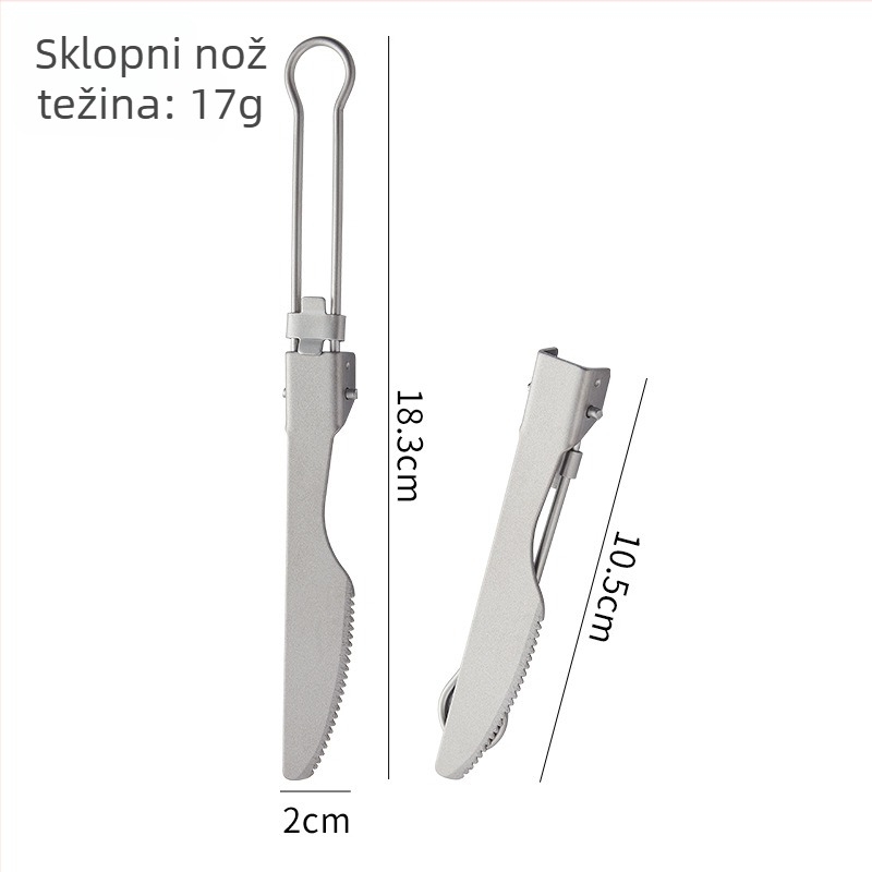 Titanijski kamperski pribor: sklopivi nož, vilica, žlica, vilica za salatu i štapići za jelo, ogledno polirano, lagano i prijenosno