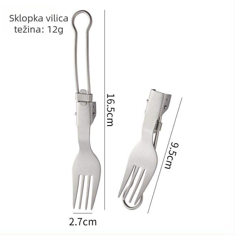 Titanijski kamperski pribor: sklopivi nož, vilica, žlica, vilica za salatu i štapići za jelo, ogledno polirano, lagano i prijenosno