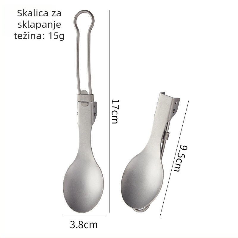 Titanijski kamperski pribor: sklopivi nož, vilica, žlica, vilica za salatu i štapići za jelo, ogledno polirano, lagano i prijenosno