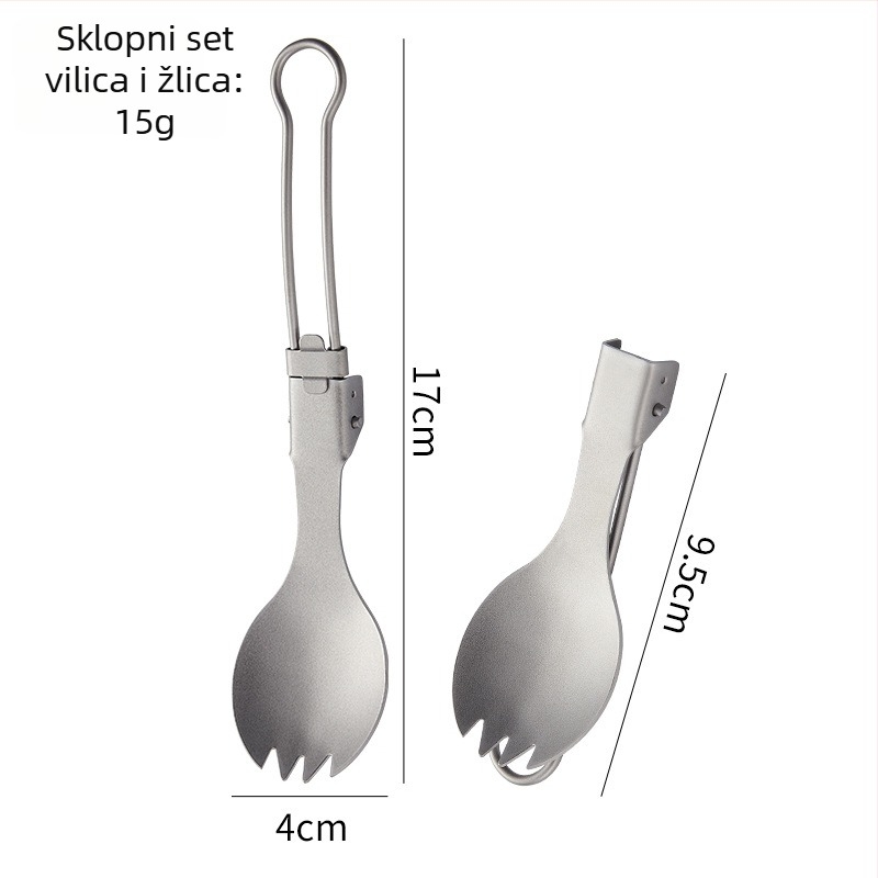 Titanijski kamperski pribor: sklopivi nož, vilica, žlica, vilica za salatu i štapići za jelo, ogledno polirano, lagano i prijenosno