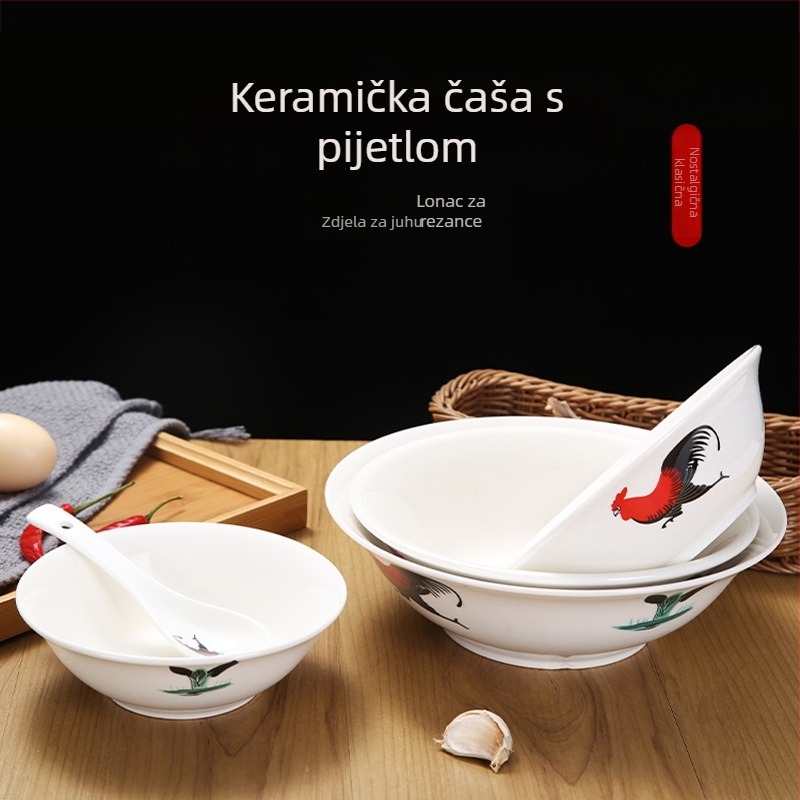 Porcelanska zdjelica s pijetlom i cvjetnim uzorkom, okruglog oblika, pogodna za mikrovalnu pećnicu, premaz preglazura, prvoklasna kvaliteta