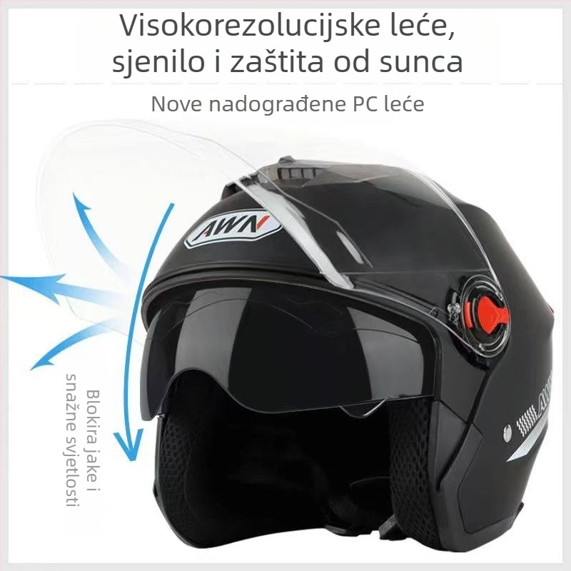 AWN kaciga 3/4 s dvostrukom vizir, ABS, 3C certifikat, sve sezone, za električna vozila i dnevna putovanja