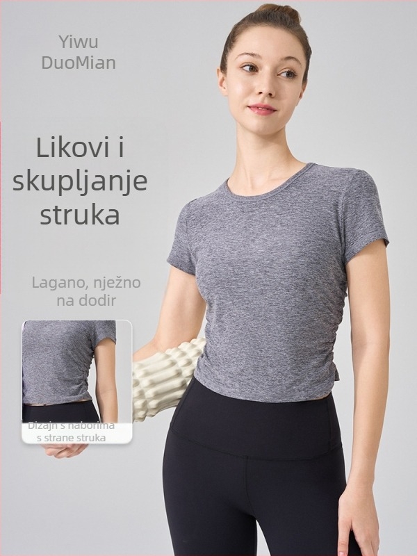 NS rib joga top, superelastičan materijal, 80% najlon, 20% spandeks, kratki rukavi, duljina do trbuha