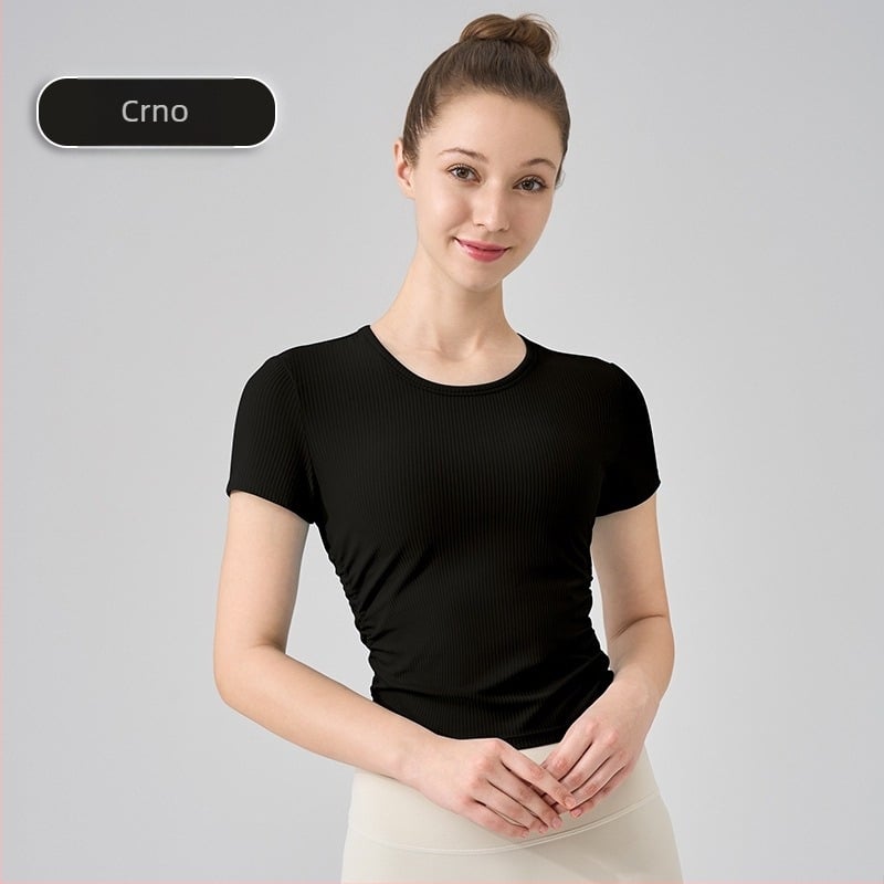 NS rib joga top, superelastičan materijal, 80% najlon, 20% spandeks, kratki rukavi, duljina do trbuha