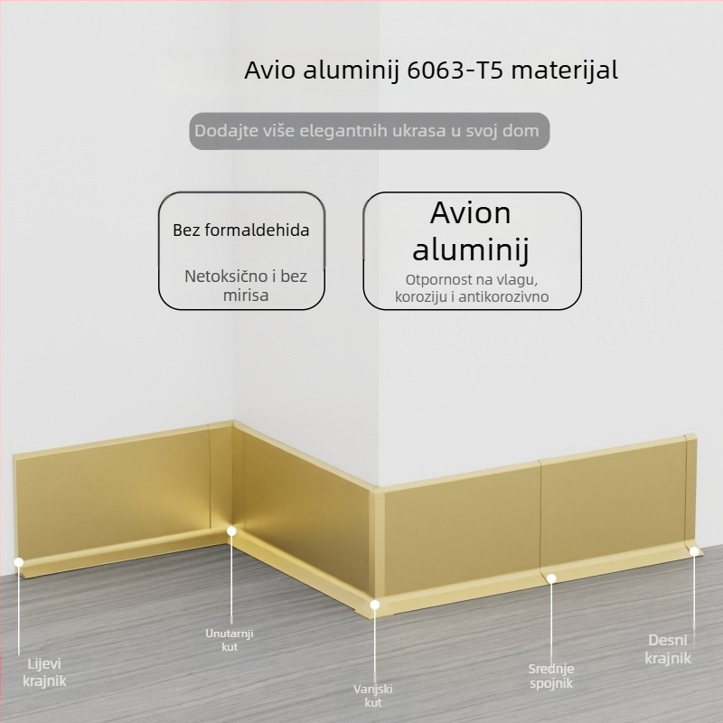 Aluminijska lajsna s integriranim ljepilom – montaža ljepilom bez bušenja, ploski moderni minimalistički stil