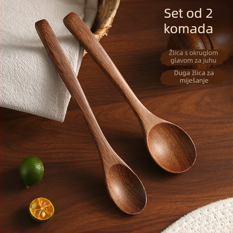 Drvena kuhinjska žlica s dugim držkom, pogodna za hranu, bez laka, otporna na visoke temperature