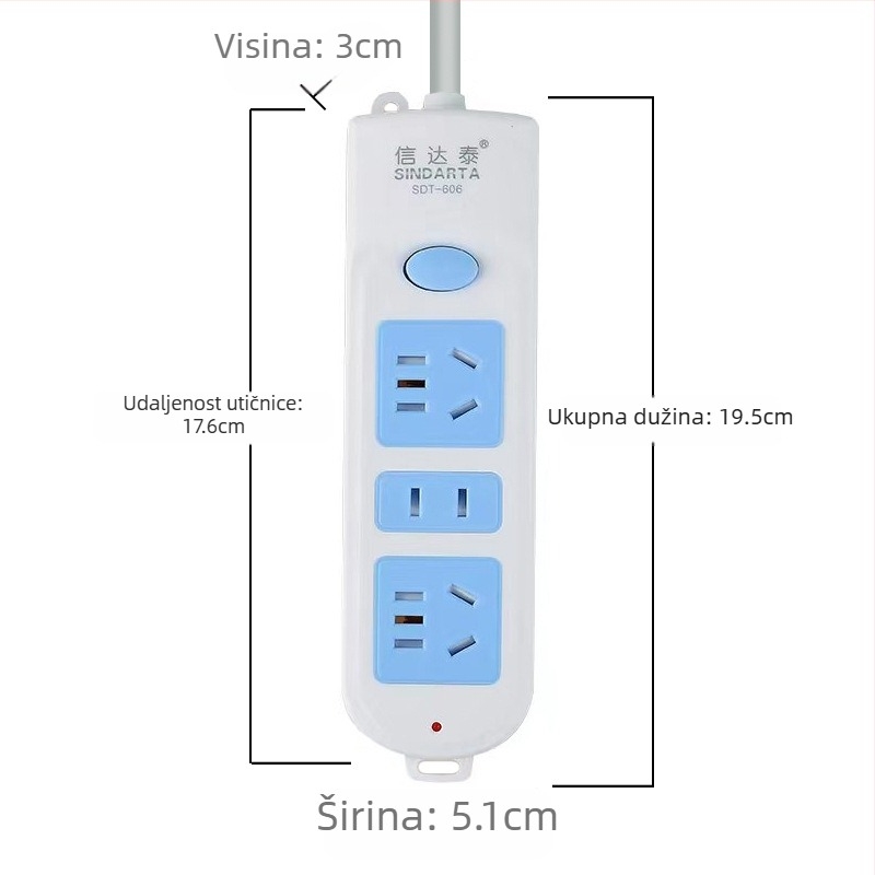Produžni blok s bakrenim vodovima, 10A, 100-250V, 2000W, kućište od otpornog PP-a