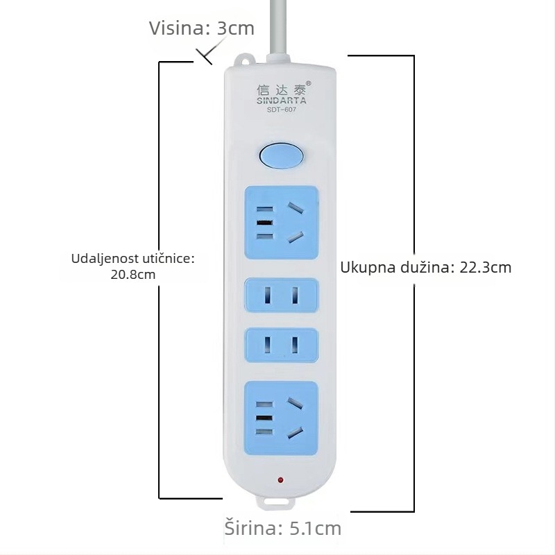 Produžni blok s bakrenim vodovima, 10A, 100-250V, 2000W, kućište od otpornog PP-a