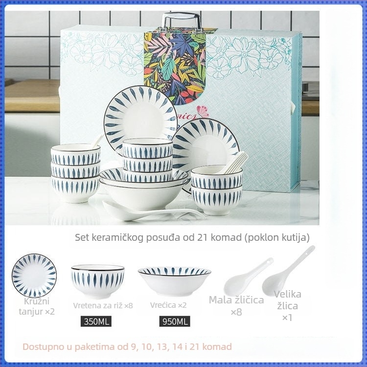 Set posuđa: zdjele i tanjuri, porcelan, podglazurno bojanje površine, prugasti uzorak, otisak logotipa