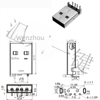 USB 2.0 Type-A muški konektor, 90° kut, PCB montaža, AMUSB-109