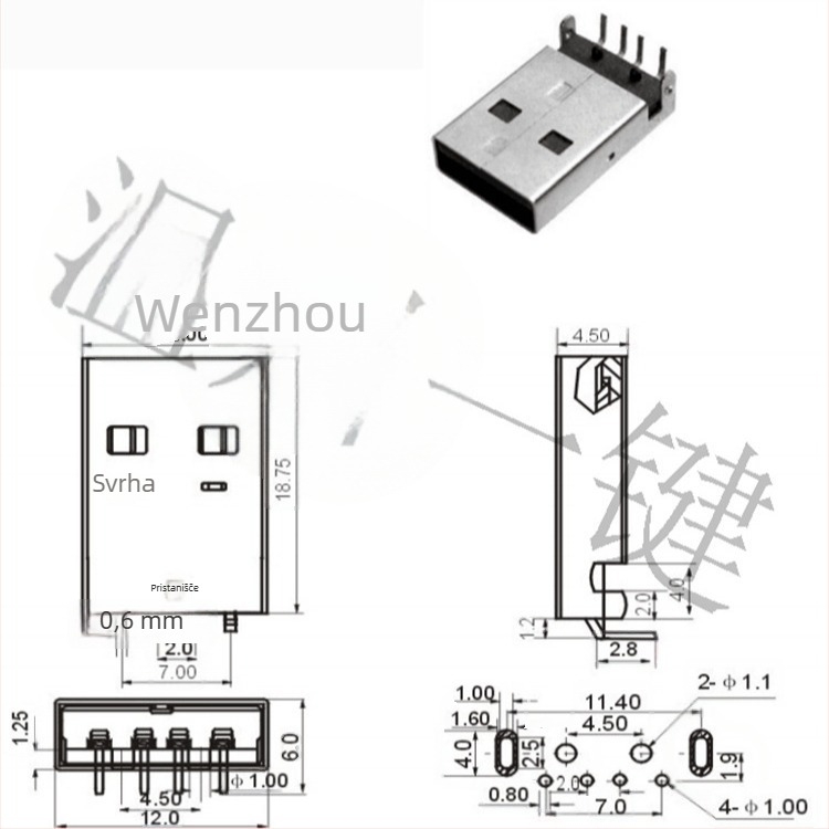 USB 2.0 Type-A muški konektor, 90° kut, PCB montaža, AMUSB-109