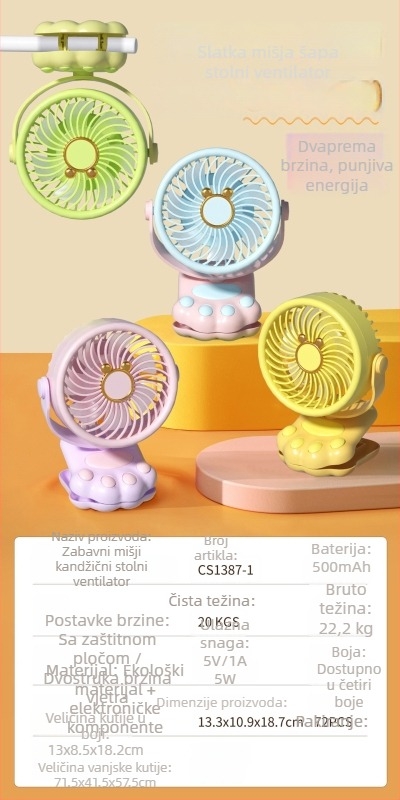 USB stolni ventilator s 3 lopatice, ugrađena baterija 300-500 mAh, tih rad do 36 dB