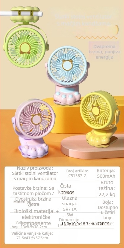USB stolni ventilator s 3 lopatice, ugrađena baterija 300-500 mAh, tih rad do 36 dB