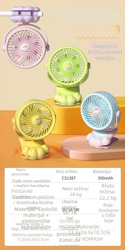 USB stolni ventilator s 3 lopatice, ugrađena baterija 300-500 mAh, tih rad do 36 dB
