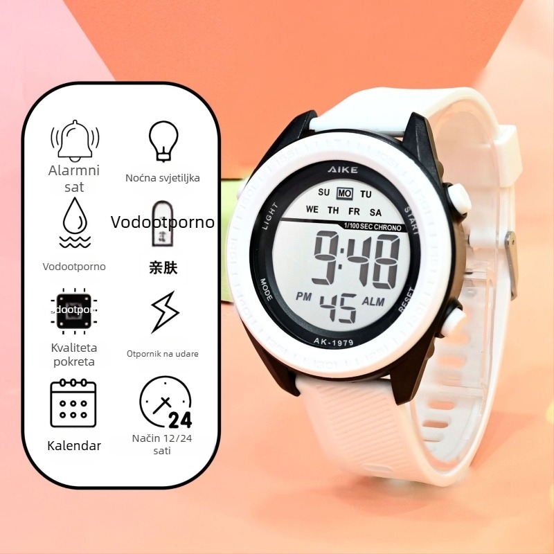 Unisex elektronički sat s digitalnim zaslonom, vodootporan do 30M, promjer brojčanika 45 mm, TPU remen, ABS kućište, za učenike