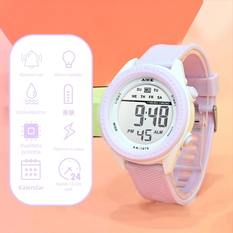 Unisex elektronički sat s digitalnim zaslonom, vodootporan do 30M, promjer brojčanika 45 mm, TPU remen, ABS kućište, za učenike
