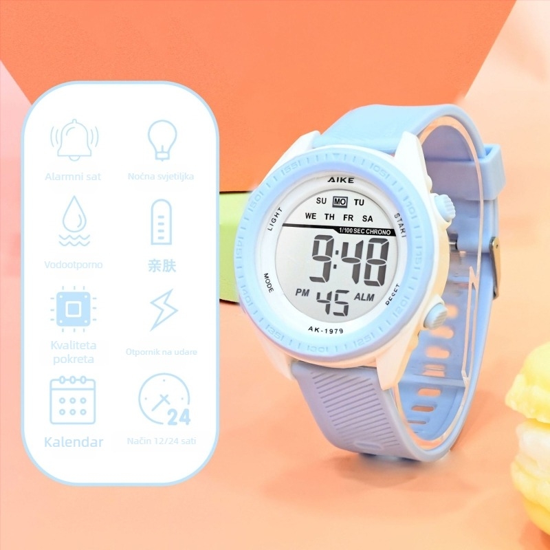 Unisex elektronički sat s digitalnim zaslonom, vodootporan do 30M, promjer brojčanika 45 mm, TPU remen, ABS kućište, za učenike