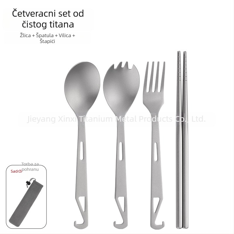 Kamperski pribor: 4-u-1 žlica za juhu, žlica za salatu, vilica za kolač i voće s otvaračem boca; čisti titan, moderan minimalistički stil, prenosan