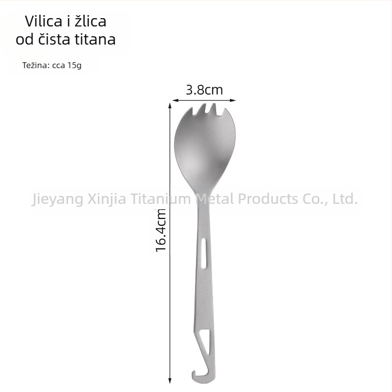 Kamperski pribor: 4-u-1 žlica za juhu, žlica za salatu, vilica za kolač i voće s otvaračem boca; čisti titan, moderan minimalistički stil, prenosan