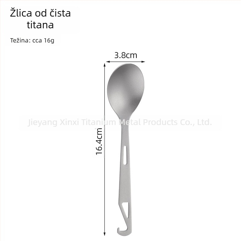 Kamperski pribor: 4-u-1 žlica za juhu, žlica za salatu, vilica za kolač i voće s otvaračem boca; čisti titan, moderan minimalistički stil, prenosan