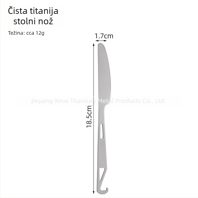 Kamperski pribor: 4-u-1 žlica za juhu, žlica za salatu, vilica za kolač i voće s otvaračem boca; čisti titan, moderan minimalistički stil, prenosan