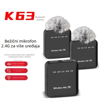 K63 bežični lavalier mikrofon, Bluetooth 5.2, raspon 20 Hz–20 kHz, SNR ≥75 dB, kanal 2.1, trajanje baterije 8–12 h