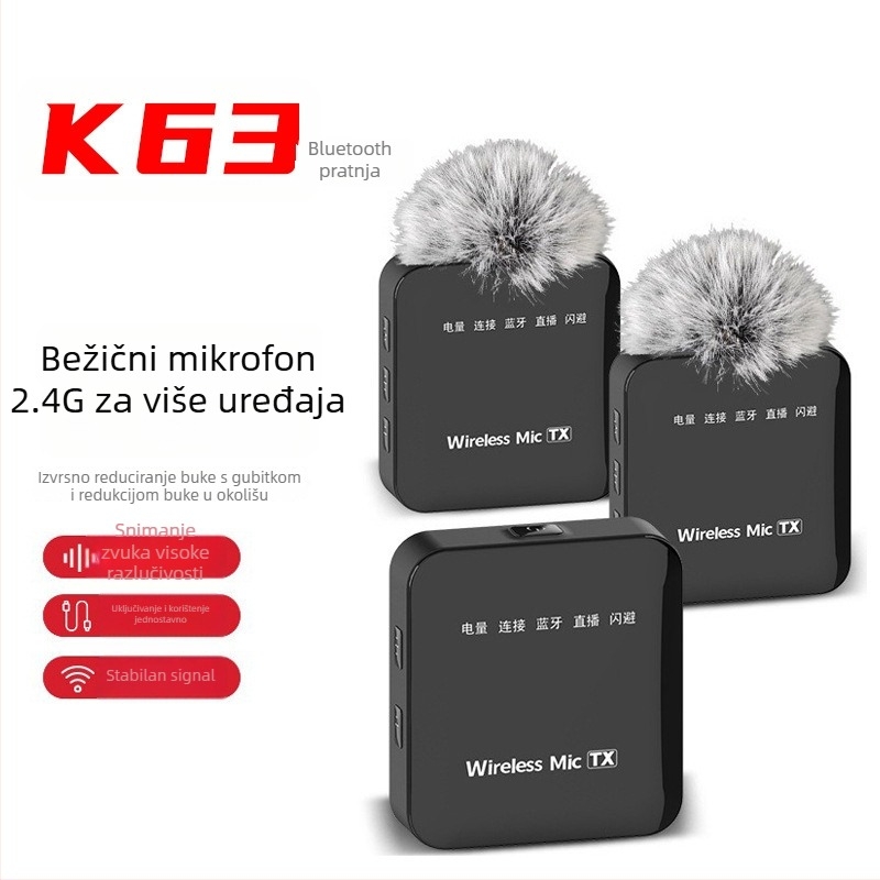 K63 bežični lavalier mikrofon, Bluetooth 5.2, raspon 20 Hz–20 kHz, SNR ≥75 dB, kanal 2.1, trajanje baterije 8–12 h