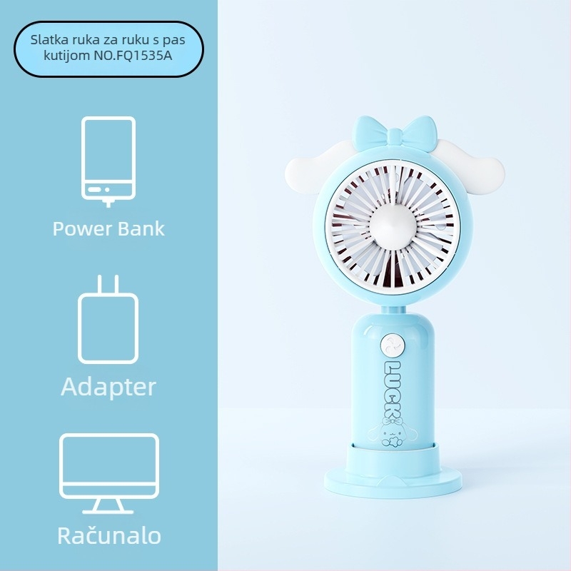 Ručni karikaturalni džepni ventilator s tiskom drške i karikaturalnim ušima, punjiv, ugrađena baterija 100-300 mAh, 5V, 5W, buka 36-45 dB, trajanje baterije 0-1 h