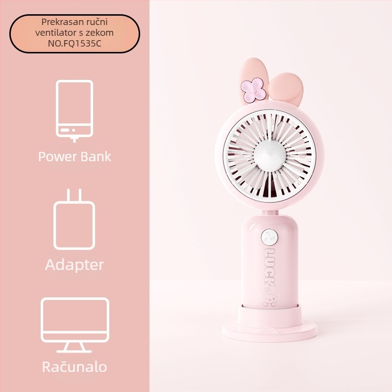 Ručni karikaturalni džepni ventilator s tiskom drške i karikaturalnim ušima, punjiv, ugrađena baterija 100-300 mAh, 5V, 5W, buka 36-45 dB, trajanje baterije 0-1 h