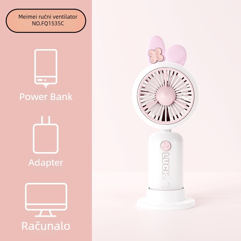 Ručni karikaturalni džepni ventilator s tiskom drške i karikaturalnim ušima, punjiv, ugrađena baterija 100-300 mAh, 5V, 5W, buka 36-45 dB, trajanje baterije 0-1 h