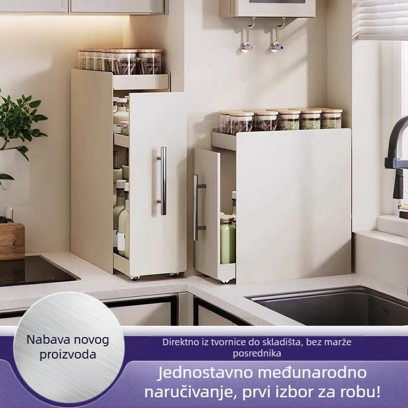 Izvlačna polica za začine u kuhinji, uski rub, karbonsko čelični materijal, organizator za boce začina na radnoj površini, minimalistički stil