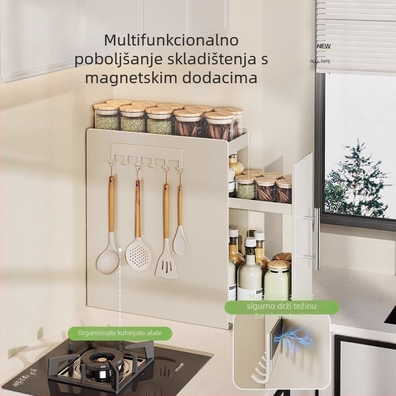 Izvlačna polica za začine u kuhinji, uski rub, karbonsko čelični materijal, organizator za boce začina na radnoj površini, minimalistički stil