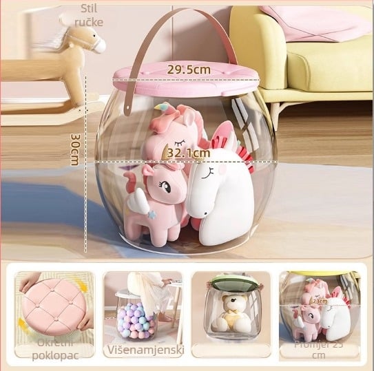 Stol za skladištenje igračaka, plastični, okrugli oblik, kapacitet 18L, nosivost 150kg, višestruka namjena