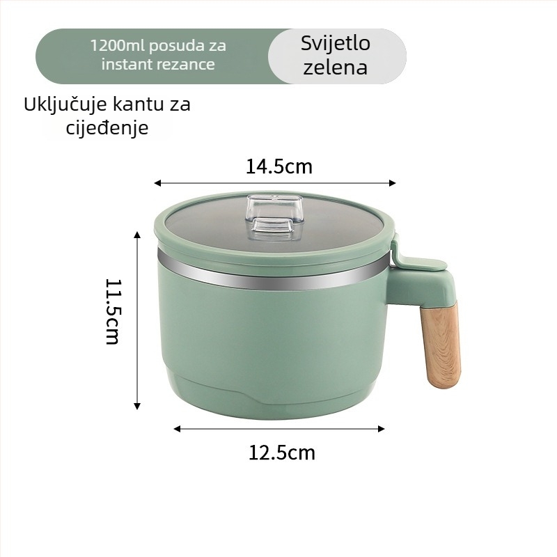 Šalica za rezance od nehrđajućeg čelika 304 s odvodnim košarom i prozirnim poklopcem, dvostruki pretinac za ručak, kapacitet 1-2 L