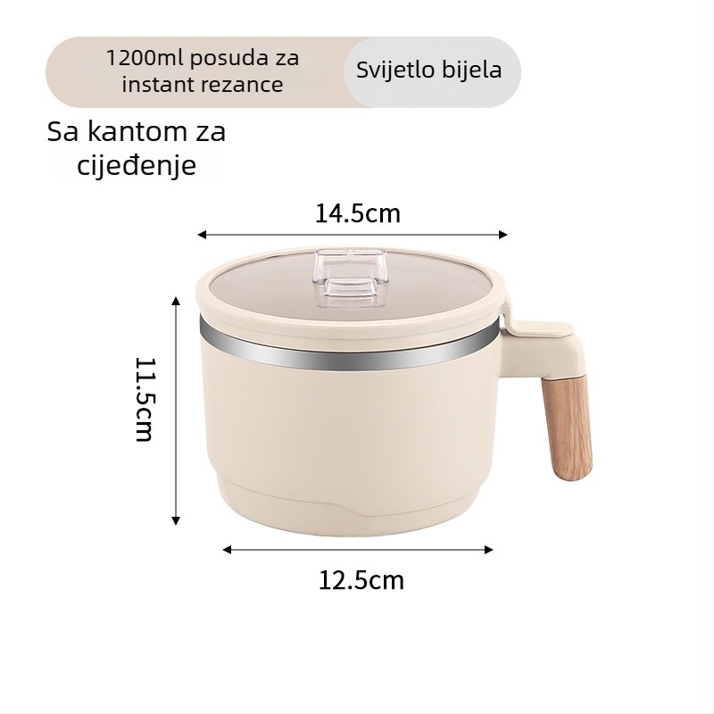 Šalica za rezance od nehrđajućeg čelika 304 s odvodnim košarom i prozirnim poklopcem, dvostruki pretinac za ručak, kapacitet 1-2 L