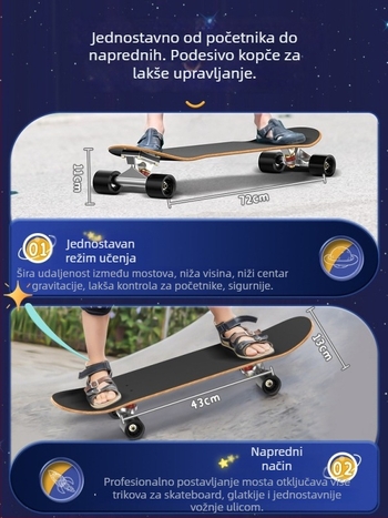Skateboard SWAY, daska od javorovog drveta sa sedam slojeva, dvostruki rocker, opća uporaba