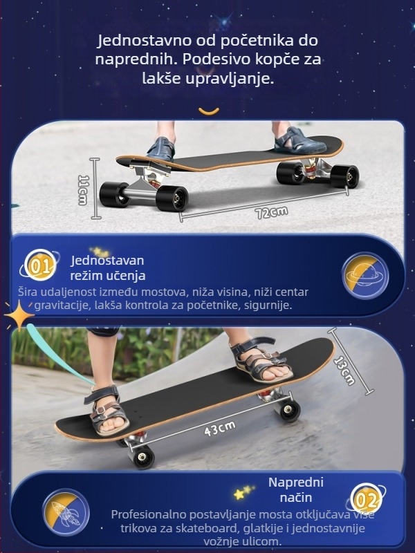 Skateboard SWAY, daska od javorovog drveta sa sedam slojeva, dvostruki rocker, opća uporaba