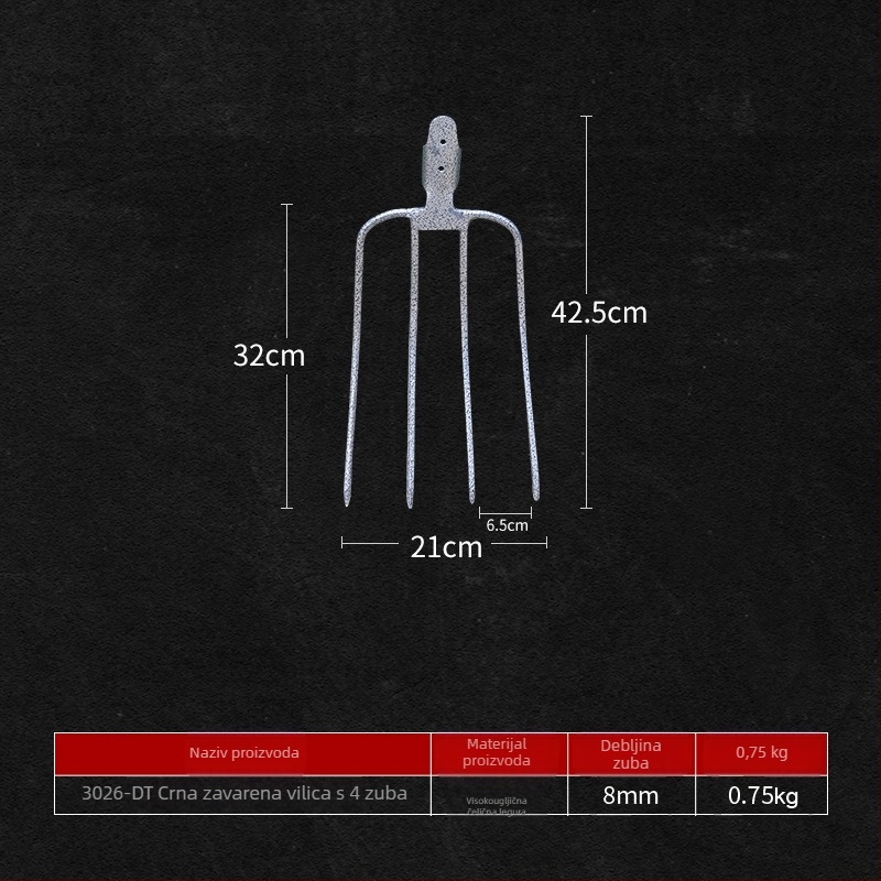 Čelična vrtna vilica za vrtlarstvo s drvenom drškom — model DT-black welded steel fork; težina 0,75 kg; tijelo: čelik; drška: drvo