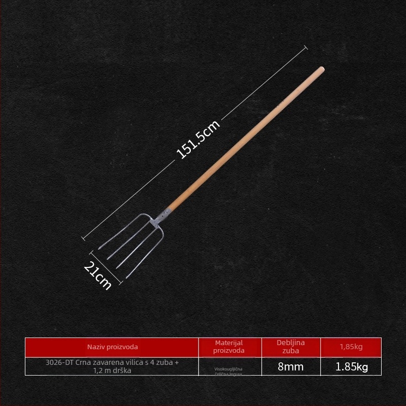 Čelična vrtna vilica za vrtlarstvo s drvenom drškom — model DT-black welded steel fork; težina 0,75 kg; tijelo: čelik; drška: drvo