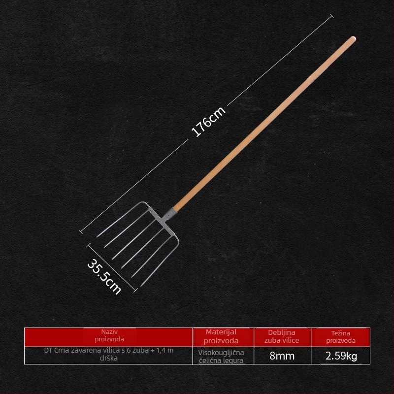 Čelična vrtna vilica za vrtlarstvo s drvenom drškom — model DT-black welded steel fork; težina 0,75 kg; tijelo: čelik; drška: drvo