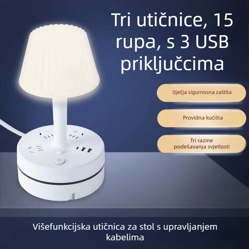 Multifunkcionalna stolna lampa s ugrađenim razdjelnikom, USB priključkom za punjenje, LED noćnim svjetlom za zaštitu očiju i funkcijom pohrane