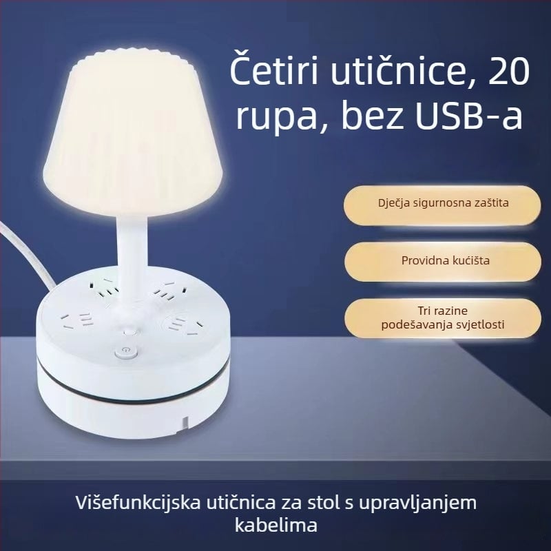 Multifunkcionalna stolna lampa s ugrađenim razdjelnikom, USB priključkom za punjenje, LED noćnim svjetlom za zaštitu očiju i funkcijom pohrane