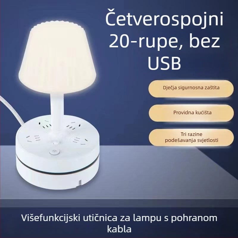 Multifunkcionalna stolna lampa s ugrađenim razdjelnikom, USB priključkom za punjenje, LED noćnim svjetlom za zaštitu očiju i funkcijom pohrane