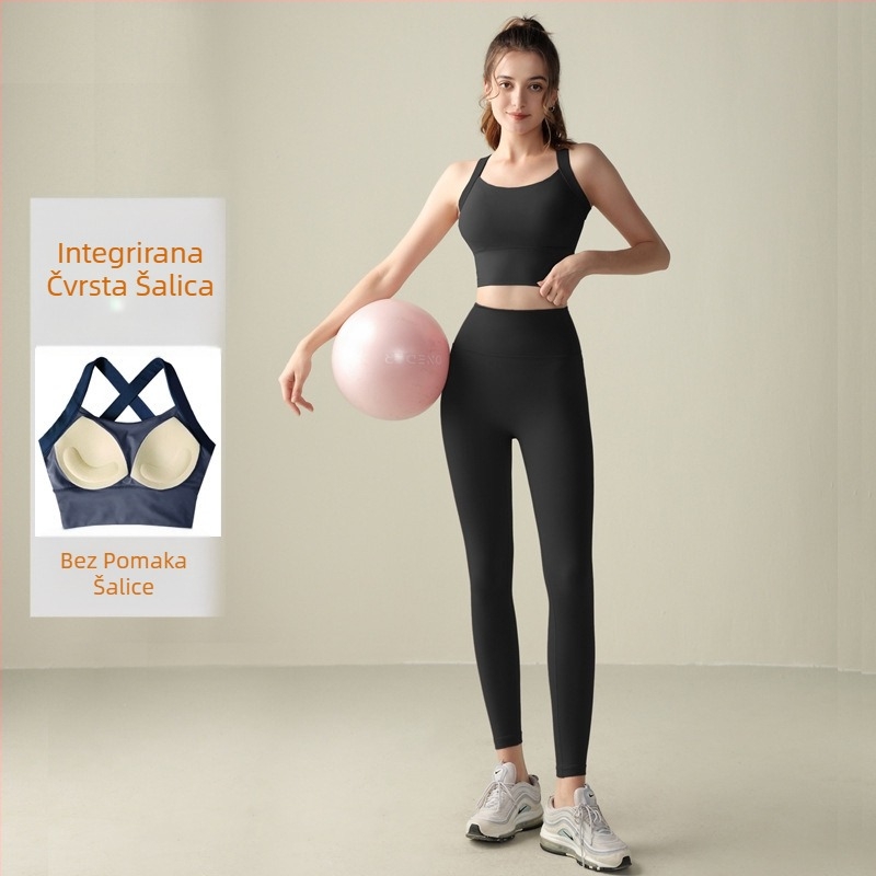 Joga set za žene: top bez rukava i uske nylon hlače, uključuje umetke za dojke