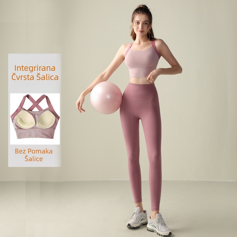 Joga set za žene: top bez rukava i uske nylon hlače, uključuje umetke za dojke