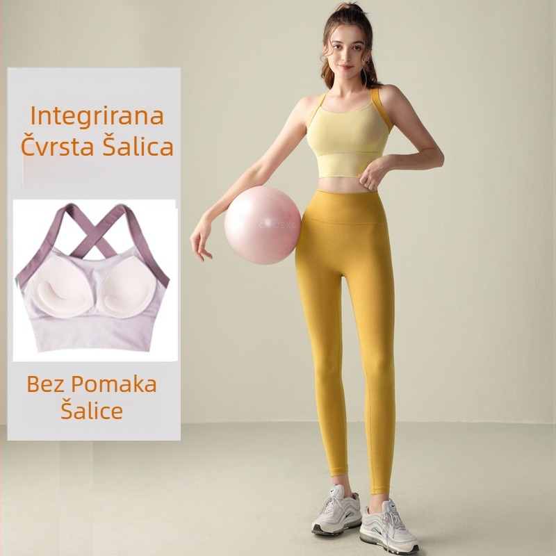 Joga set za žene: top bez rukava i uske nylon hlače, uključuje umetke za dojke